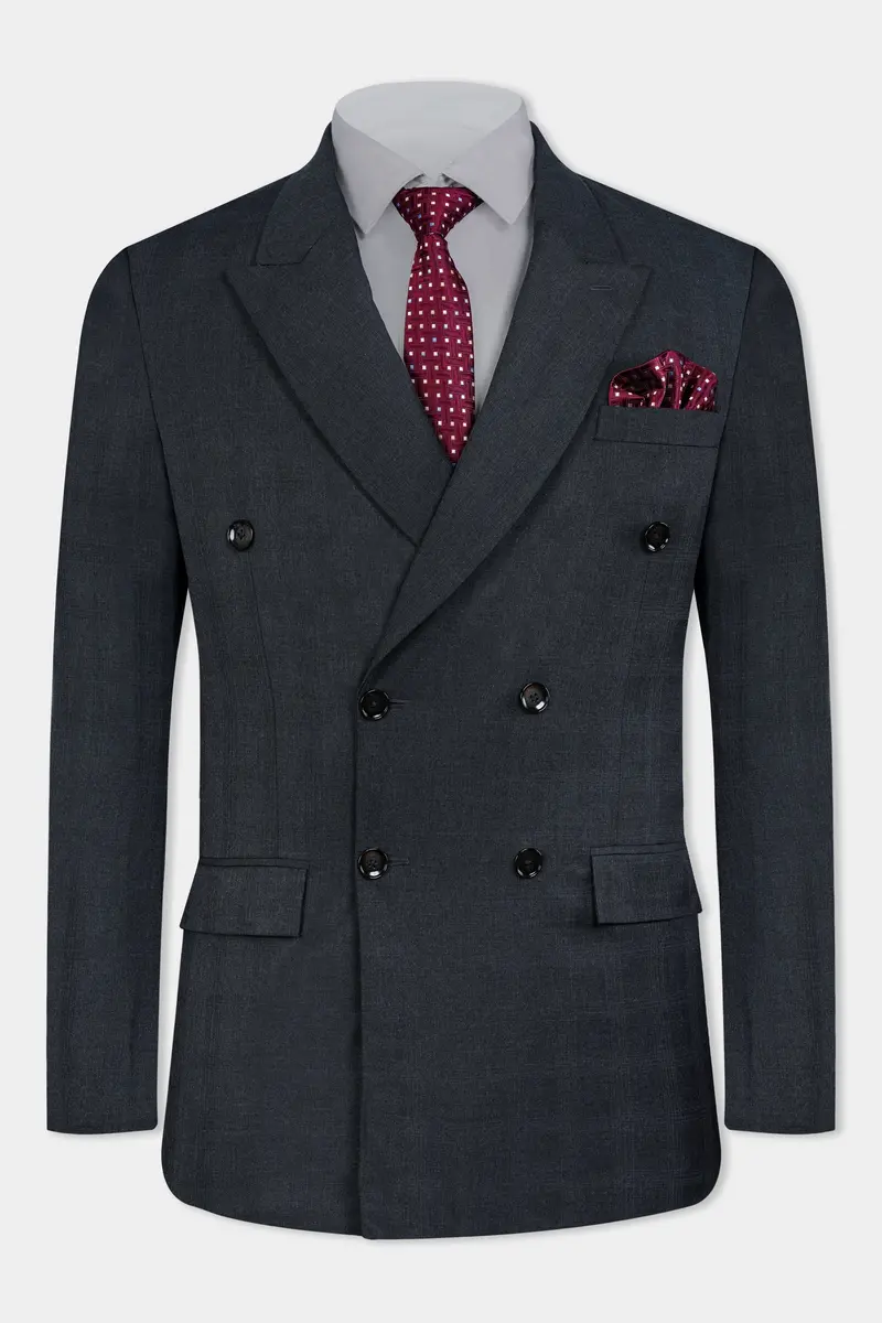Thunder Gray Checkered Wool Rich Double Breasted Blazer 2
