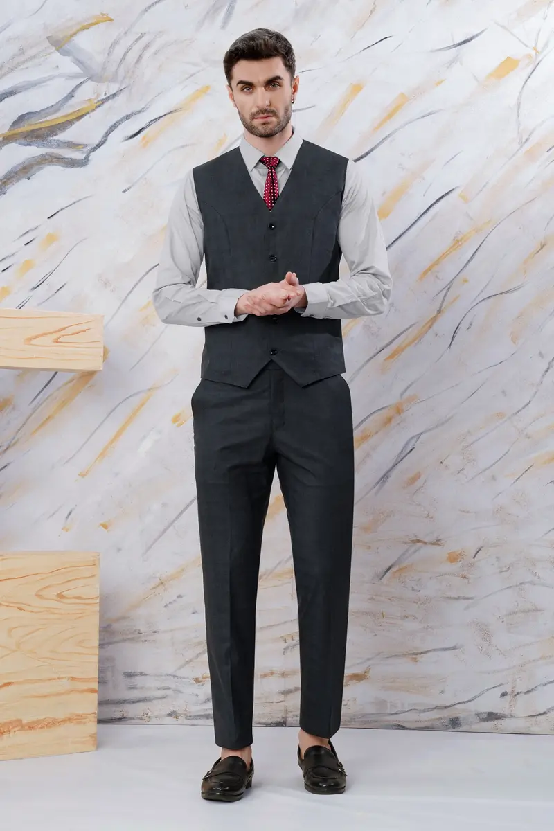 Thunder Gray Checkered Wool Rich Waistcoat 5