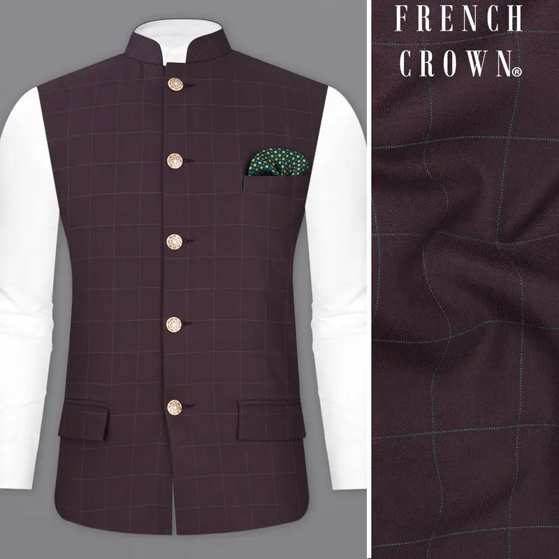 Thunder Maroon Plaid Nehru Jacket 1