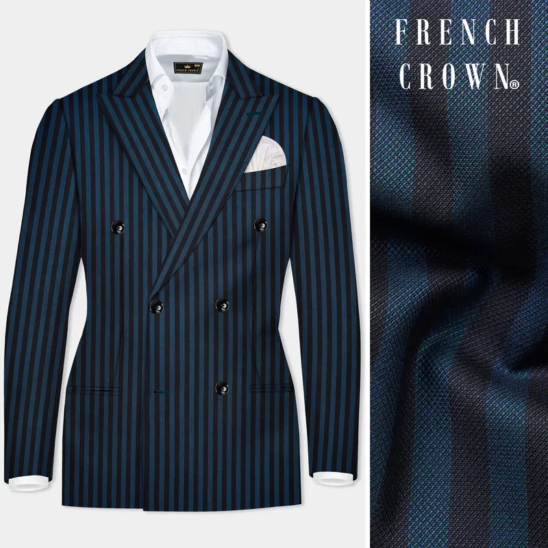 Tiber Blue And Jade Black Striped Wool Blend Double Breasted Blazer 1