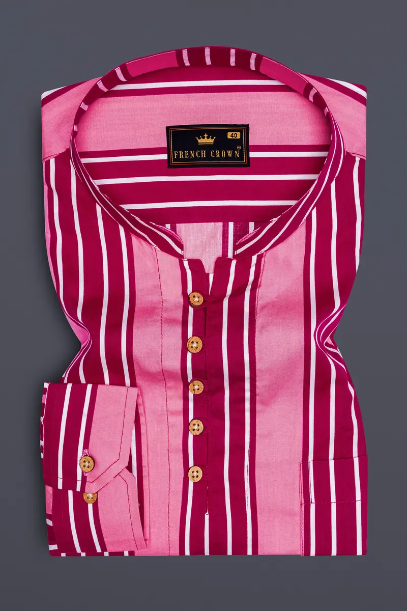 Tickle Me Pink And Razzberry Jam Striped Premium Cotton Kurta Shirt 2