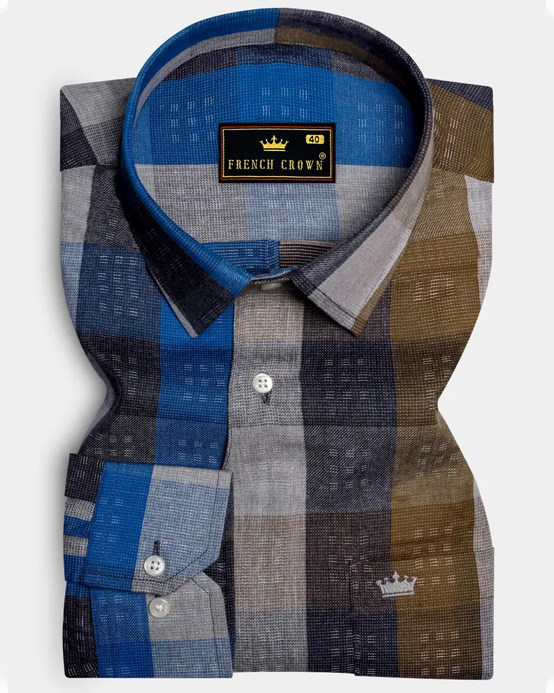 Tidal Fawn-Lapis Blue And Shingle Brown Plaid Dobby Textured Premium Giza Cotton Casual Designer Shirt 1