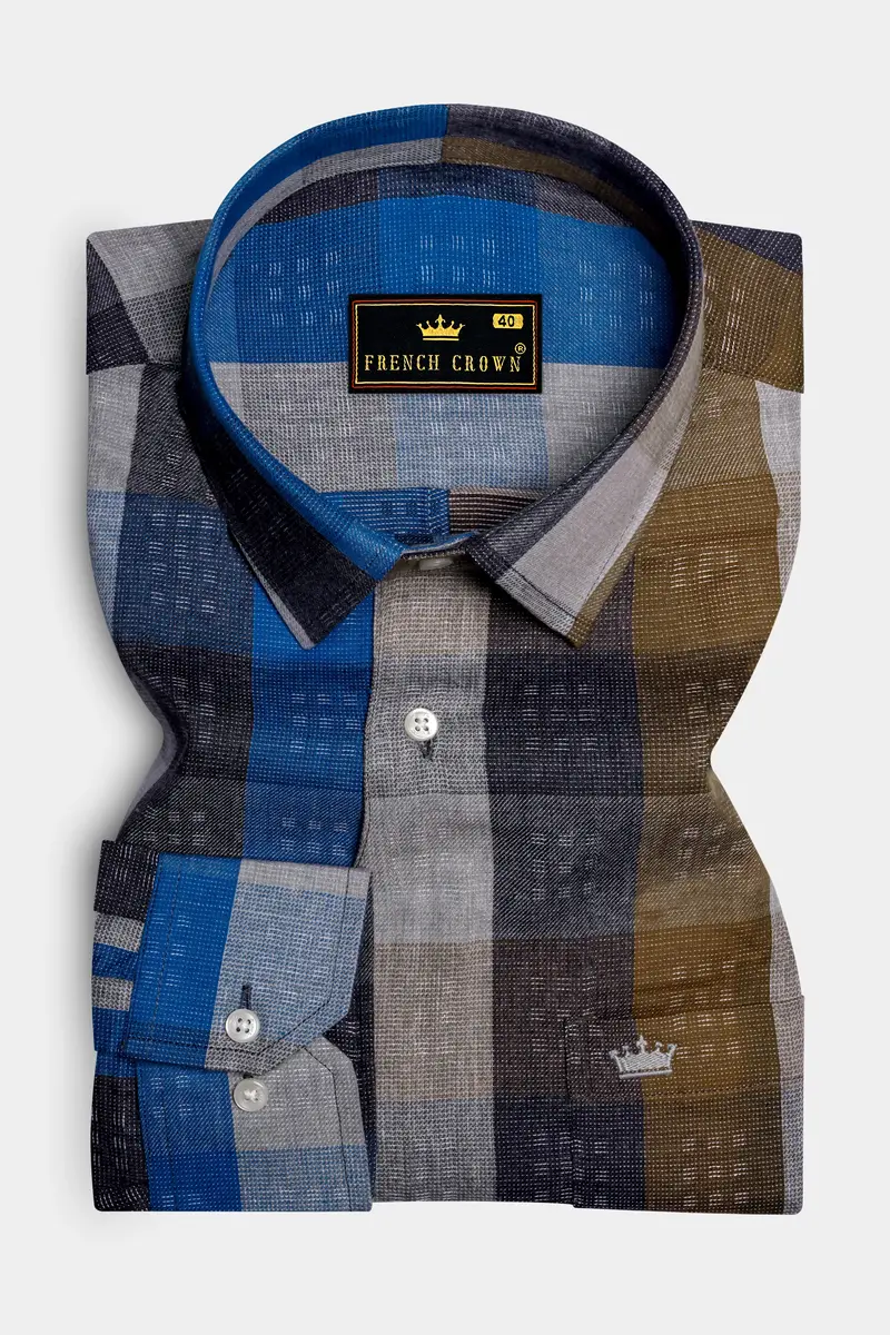 Tidal Fawn-Lapis Blue And Shingle Brown Plaid Dobby Textured Premium Giza Cotton Casual Designer Shirt 2