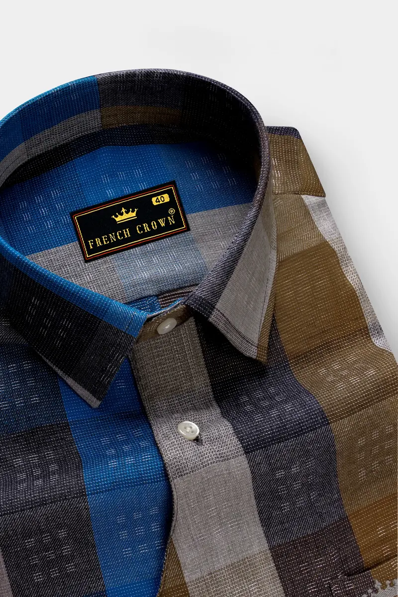 Tidal Fawn-Lapis Blue And Shingle Brown Plaid Dobby Textured Premium Giza Cotton Casual Designer Shirt 4