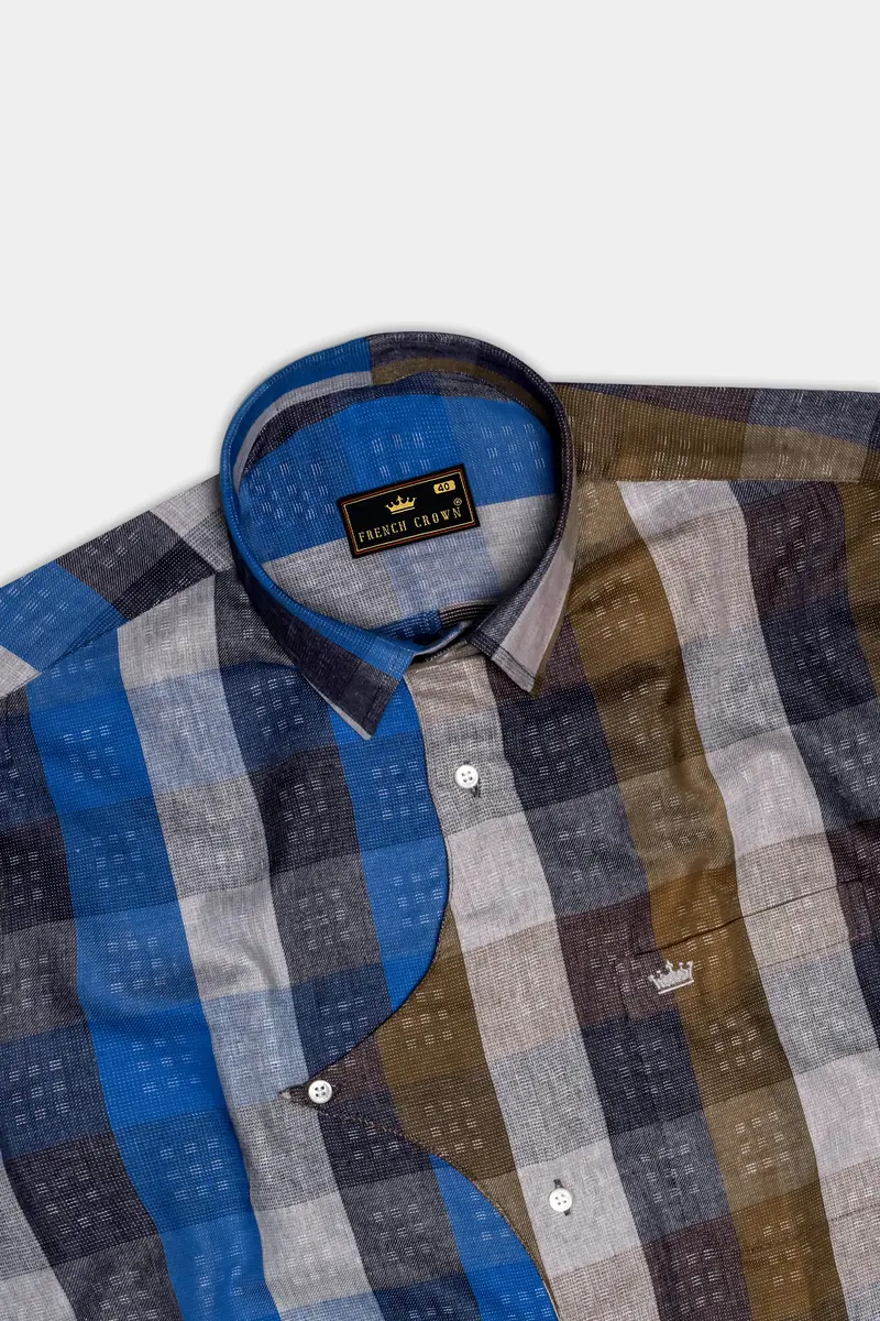 Tidal Fawn-Lapis Blue And Shingle Brown Plaid Dobby Textured Premium Giza Cotton Casual Designer Shirt 5