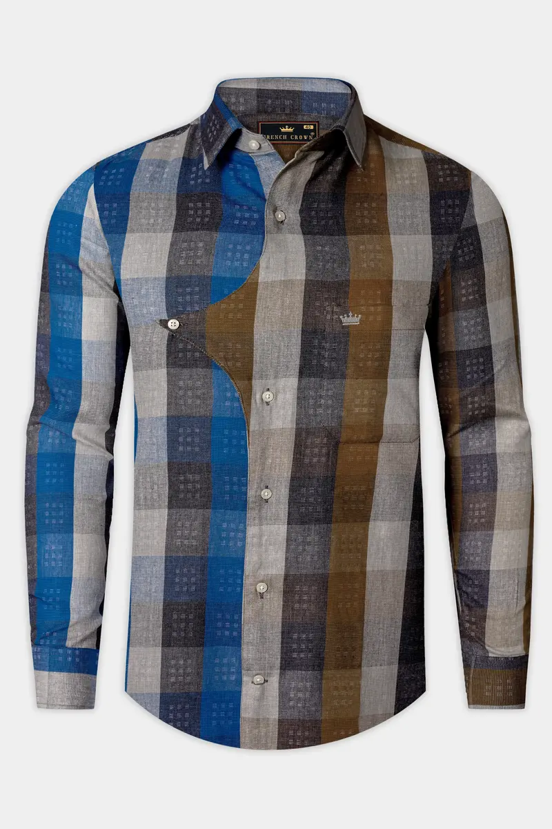 Tidal Fawn-Lapis Blue And Shingle Brown Plaid Dobby Textured Premium Giza Cotton Casual Designer Shirt 6