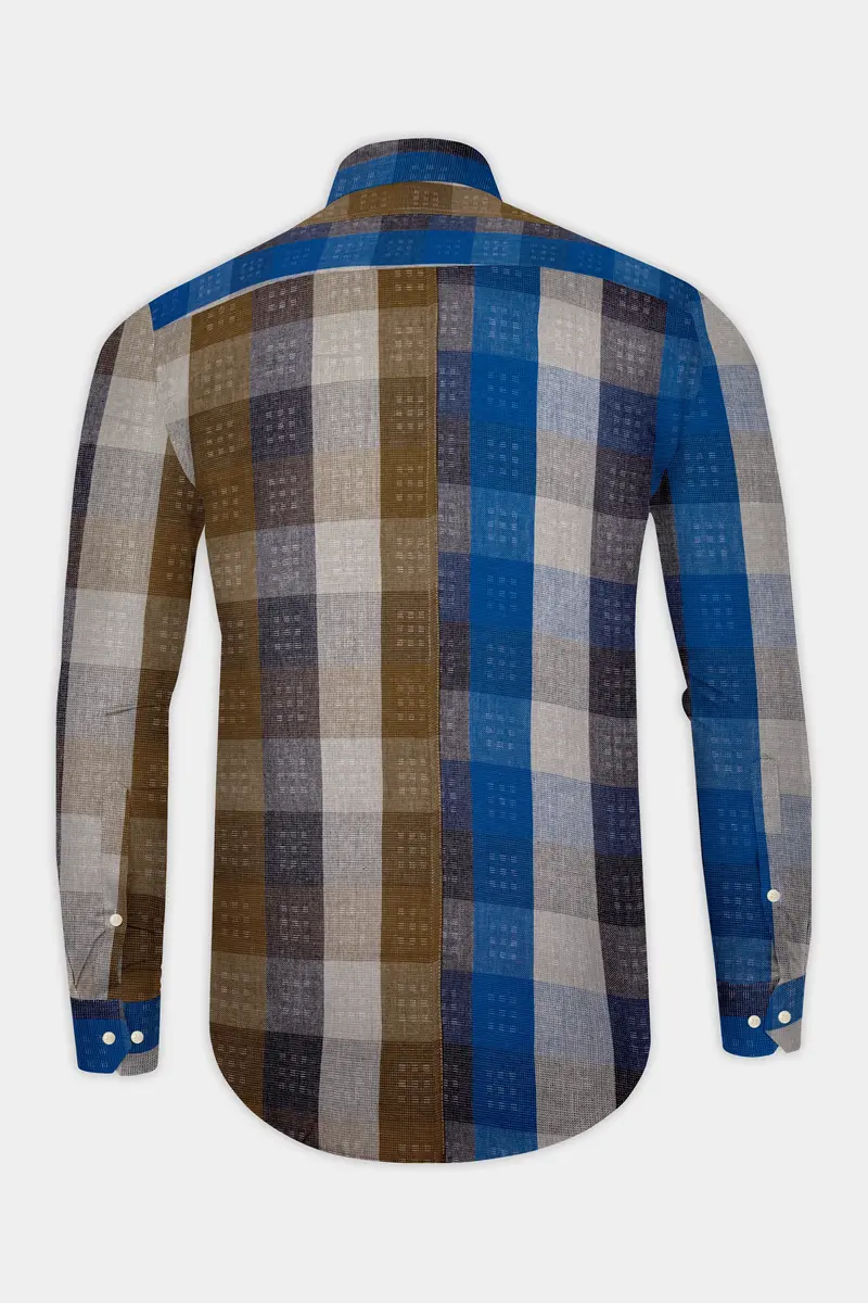 Tidal Fawn-Lapis Blue And Shingle Brown Plaid Dobby Textured Premium Giza Cotton Casual Designer Shirt 7