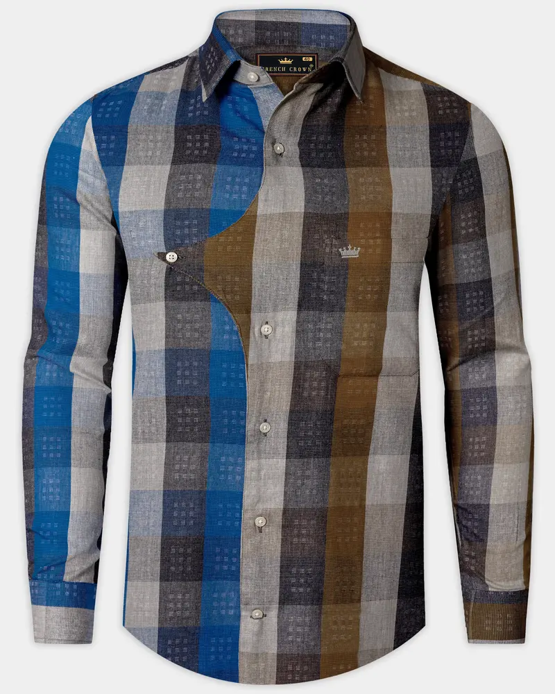 Tidal Fawn-Lapis Blue And Shingle Brown Plaid Dobby Textured Premium Giza Cotton Casual Designer Shirt 8
