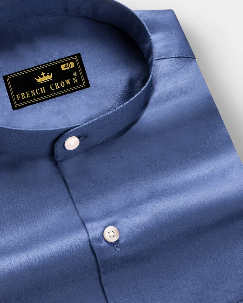 Tidepool-Glaucous Blue Subtle Sheen Super Soft Premium Cotton Semi Formal Mandarin Collar Shirt 1
