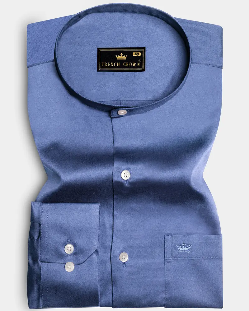 Tidepool-Glaucous Blue Subtle Sheen Super Soft Premium Cotton Semi Formal Mandarin Collar Shirt 10