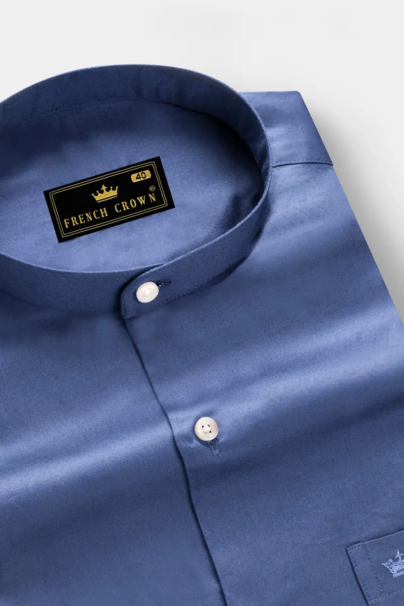 Tidepool-Glaucous Blue Subtle Sheen Super Soft Premium Cotton Semi Formal Mandarin Collar Shirt 2