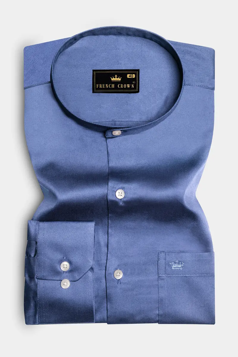 Tidepool-Glaucous Blue Subtle Sheen Super Soft Premium Cotton Semi Formal Mandarin Collar Shirt 4