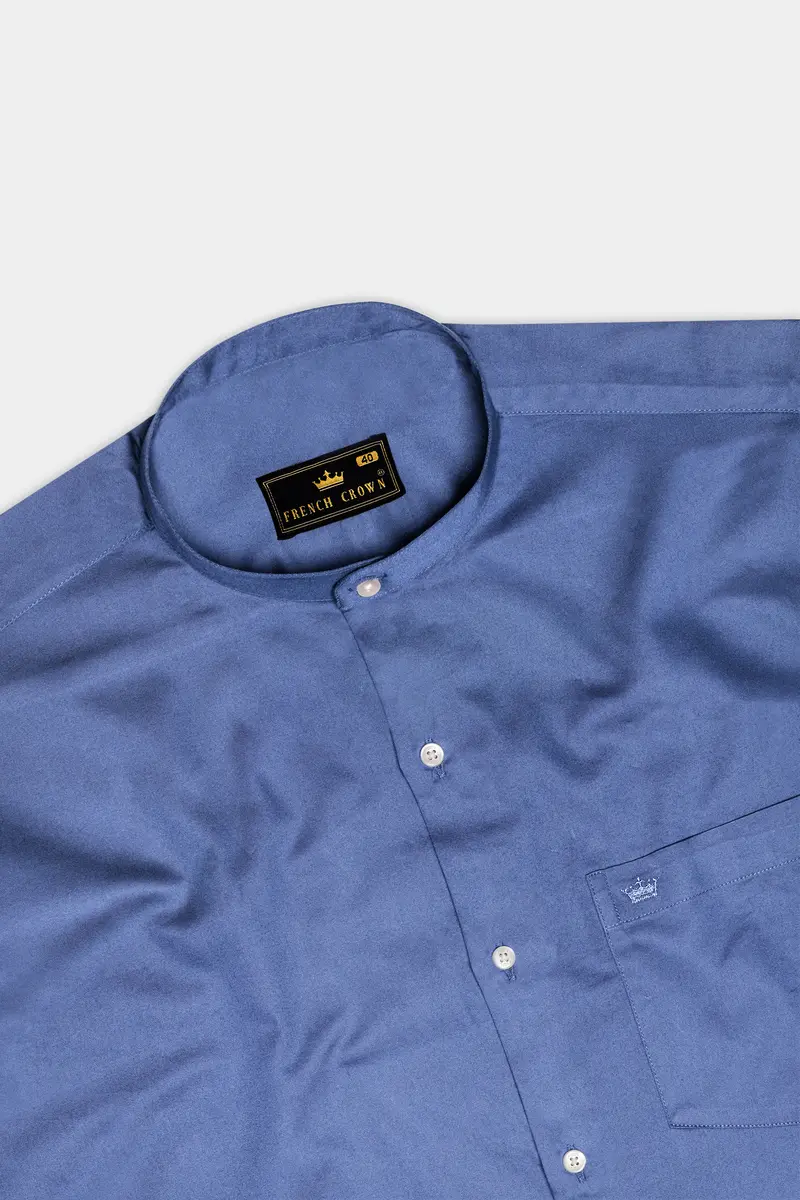 Tidepool-Glaucous Blue Subtle Sheen Super Soft Premium Cotton Semi Formal Mandarin Collar Shirt 5