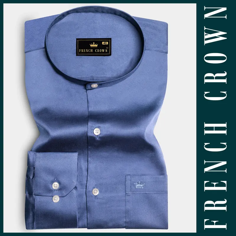 Tidepool-Glaucous Blue Subtle Sheen Super Soft Premium Cotton Semi Formal Mandarin Collar Shirt 6
