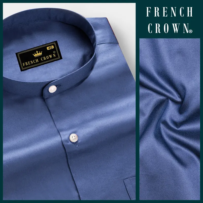Tidepool-Glaucous Blue Subtle Sheen Super Soft Premium Cotton Semi Formal Mandarin Collar Shirt 8