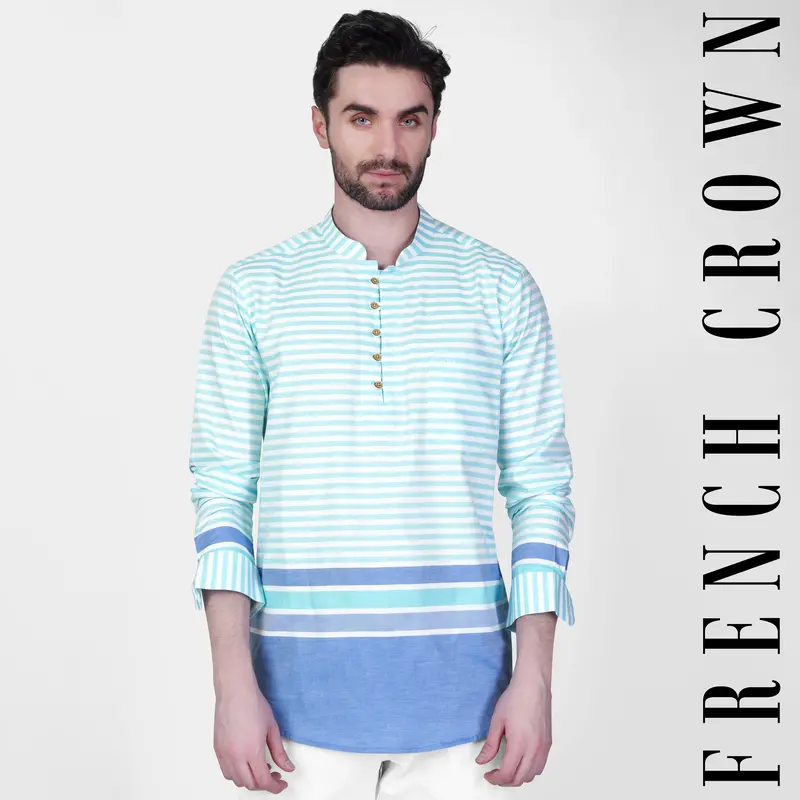 Tiffany Blue And White Striped Dobby Textured Premium Giza Cotton Kurta Shirt 1