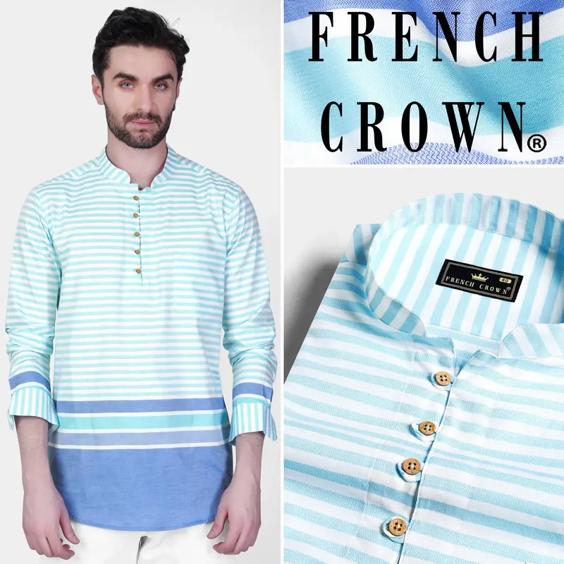 Tiffany Blue And White Striped Dobby Textured Premium Giza Cotton Kurta Shirt 11