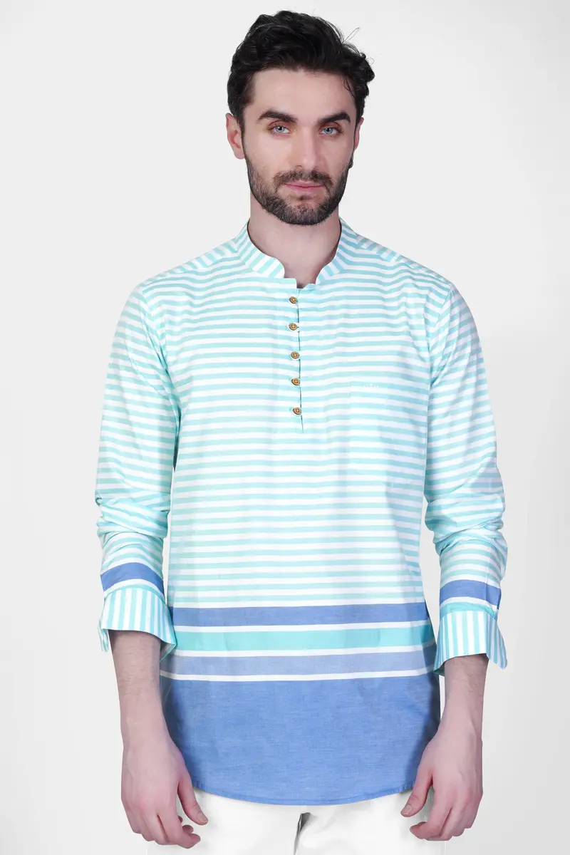 Tiffany Blue And White Striped Dobby Textured Premium Giza Cotton Kurta Shirt 2