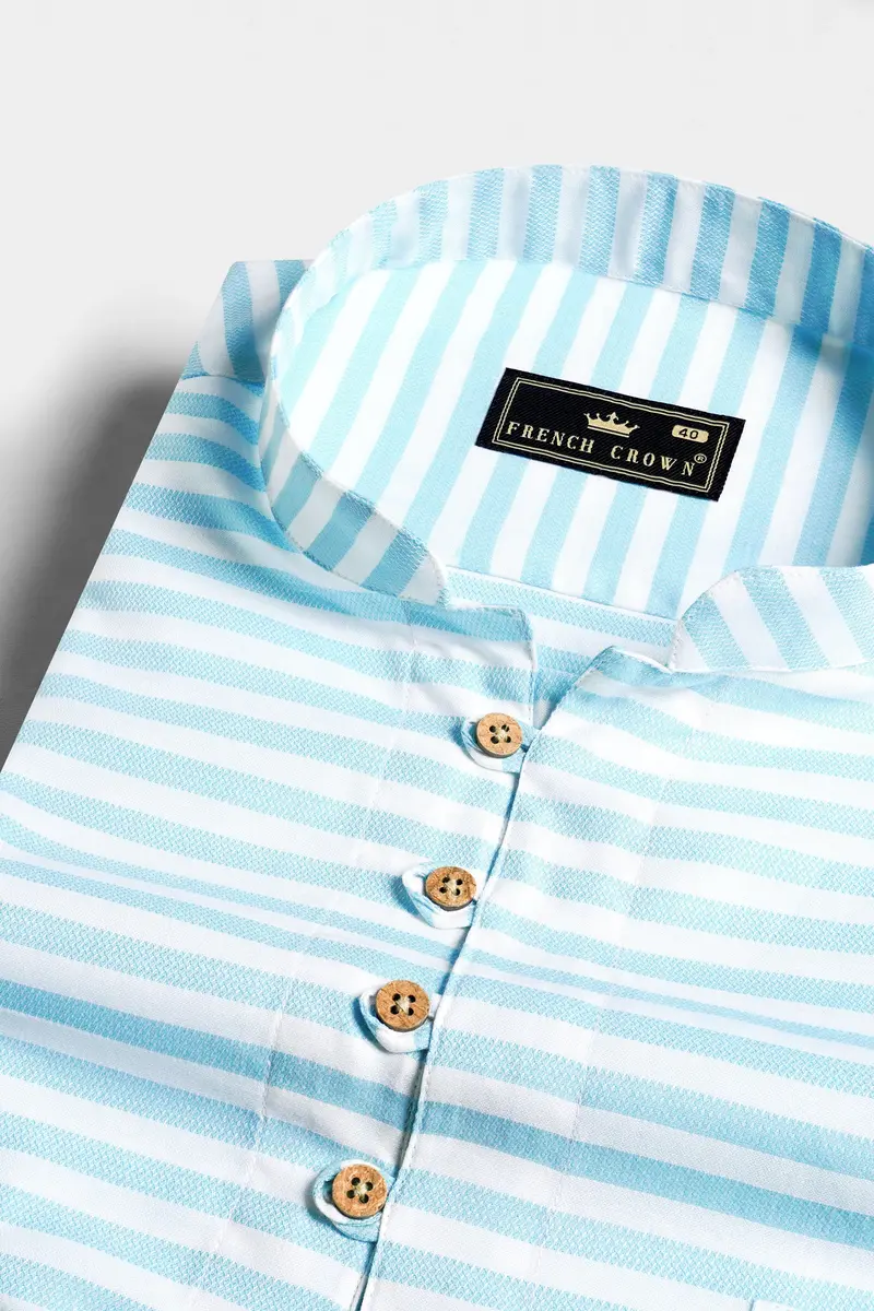 Tiffany Blue And White Striped Dobby Textured Premium Giza Cotton Kurta Shirt 4