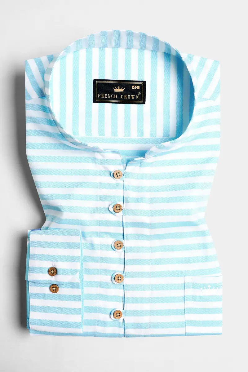 Tiffany Blue And White Striped Dobby Textured Premium Giza Cotton Kurta Shirt 5