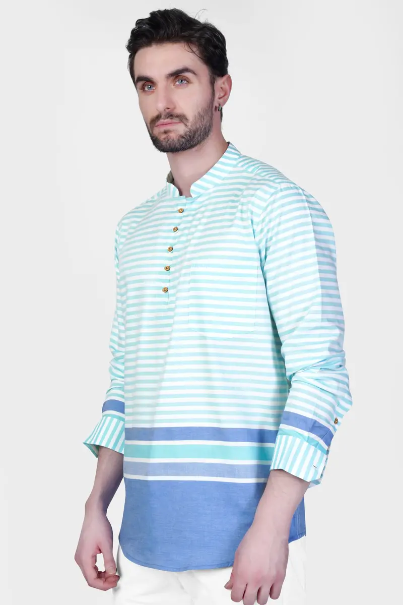 Tiffany Blue And White Striped Dobby Textured Premium Giza Cotton Kurta Shirt 6