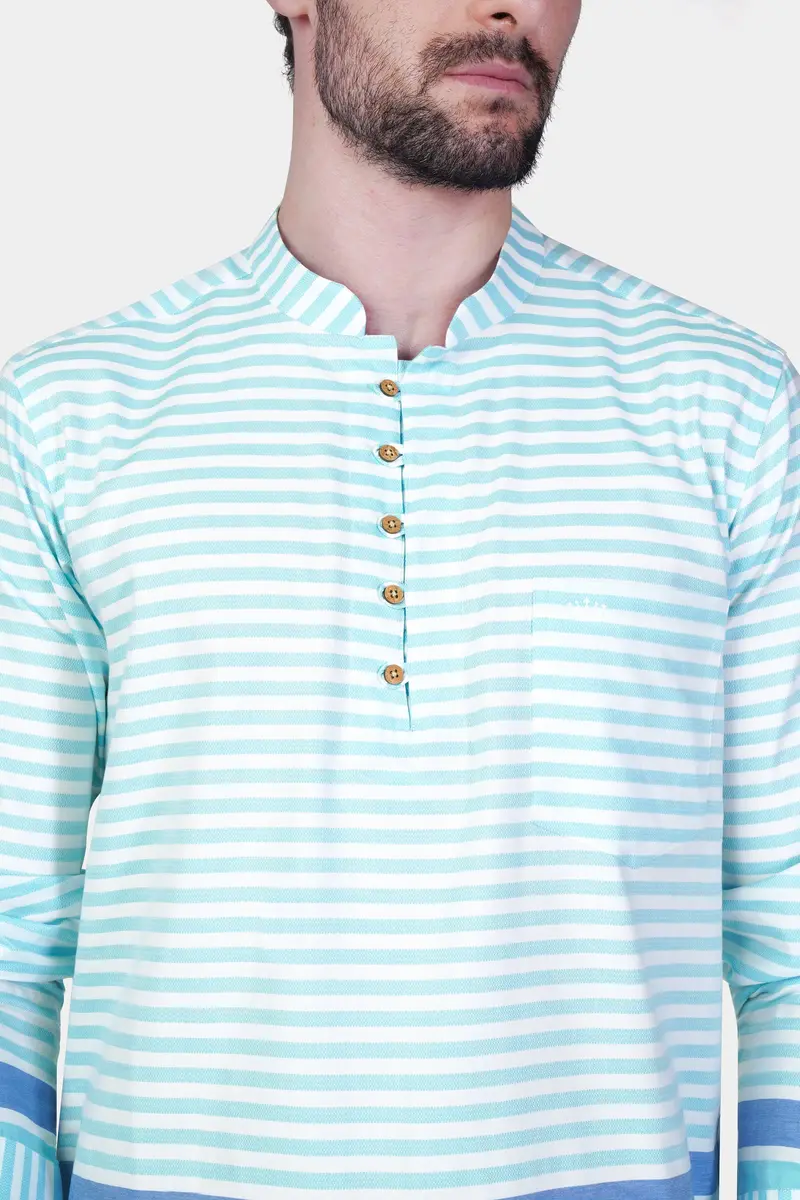 Tiffany Blue And White Striped Dobby Textured Premium Giza Cotton Kurta Shirt 7
