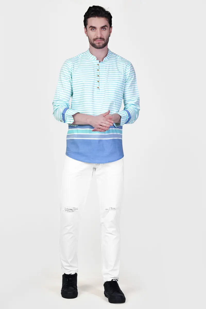 Tiffany Blue And White Striped Dobby Textured Premium Giza Cotton Kurta Shirt 8