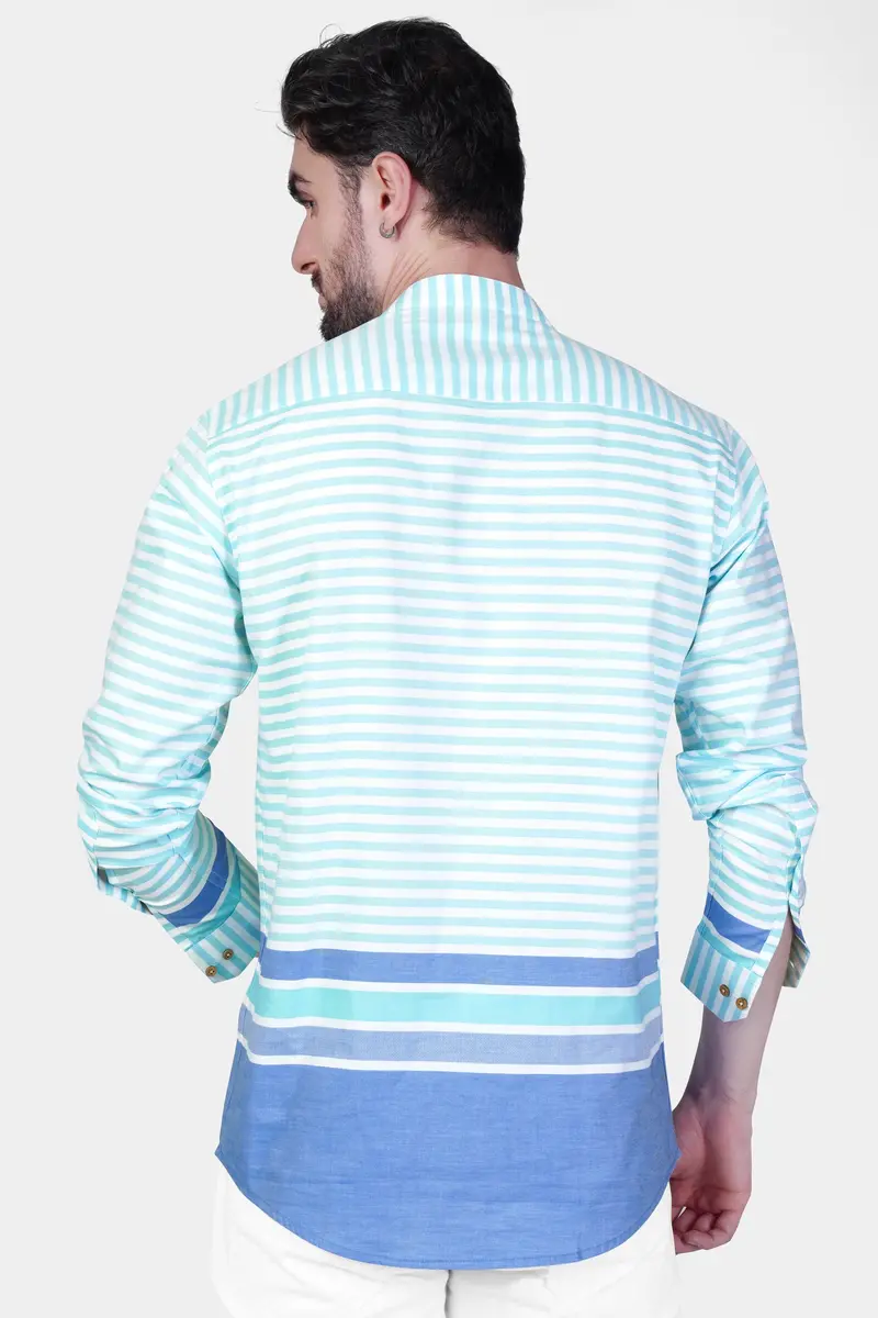 Tiffany Blue And White Striped Dobby Textured Premium Giza Cotton Kurta Shirt 9