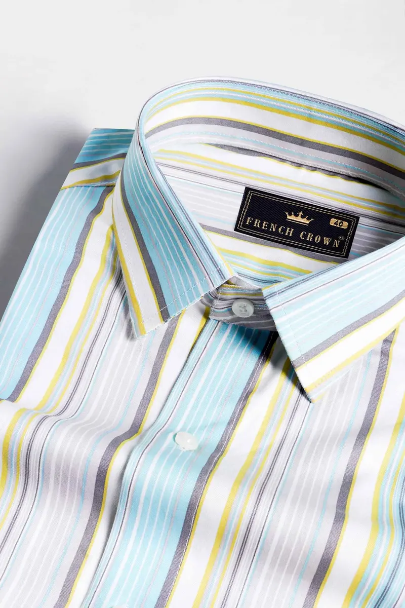 Tiffany Blue With Buff Yellow And White Striped Subtle Sheen Super Soft Premium Cotton Shirt 1