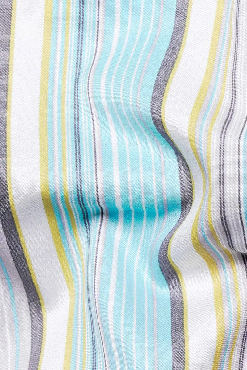 Tiffany Blue With Buff Yellow And White Striped Subtle Sheen Super Soft Premium Cotton Shirt 2
