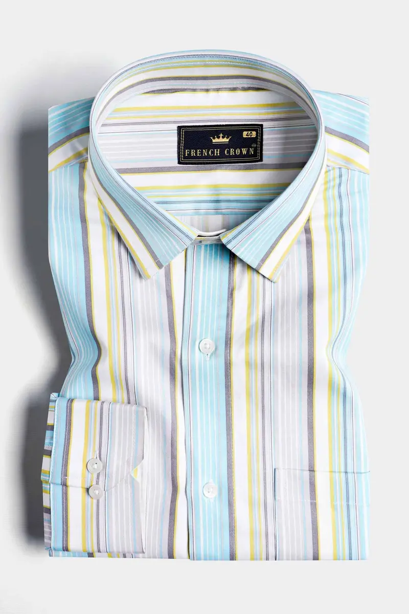 Tiffany Blue With Buff Yellow And White Striped Subtle Sheen Super Soft Premium Cotton Shirt 3