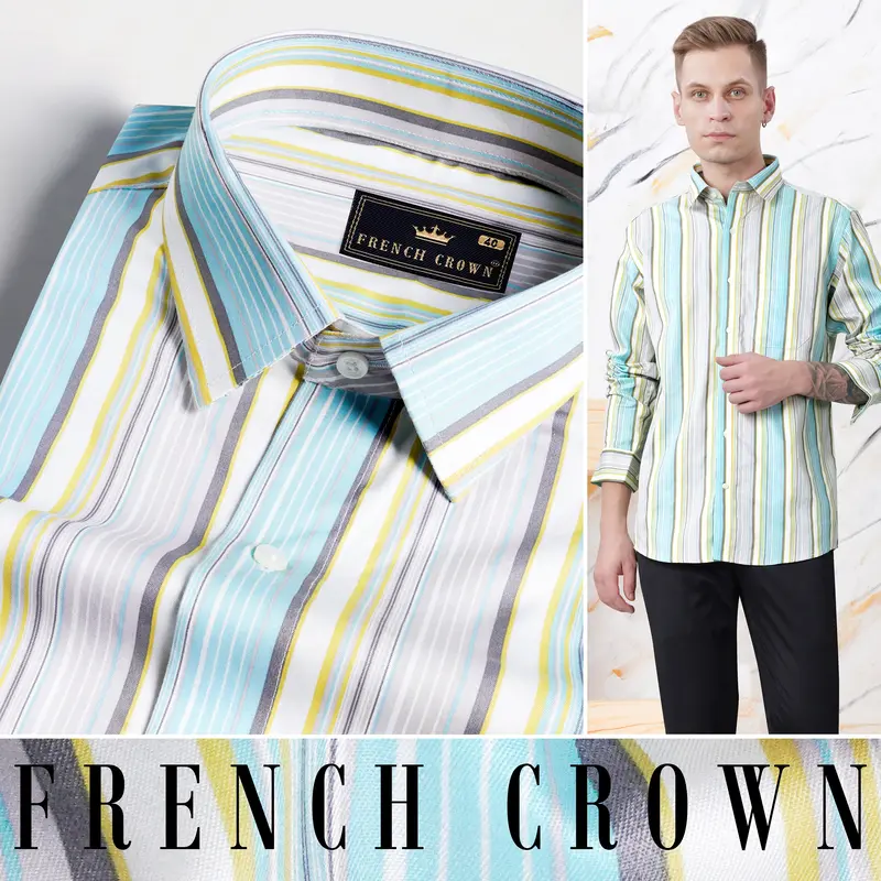 Tiffany Blue With Buff Yellow And White Striped Subtle Sheen Super Soft Premium Cotton Shirt 4