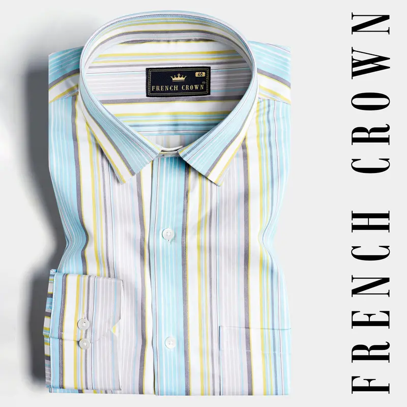 Tiffany Blue With Buff Yellow And White Striped Subtle Sheen Super Soft Premium Cotton Shirt 7