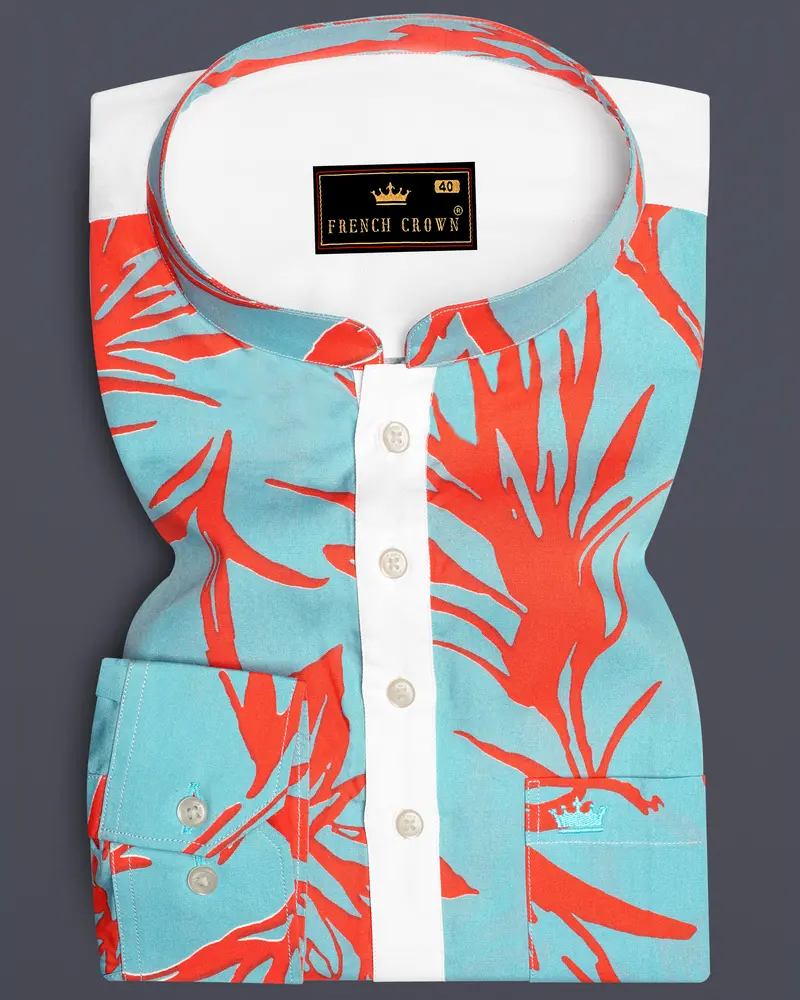 Tiffany Blue With Flamingo Red Printed Premium Cotton Mandarin Collar Designer Shirt 1