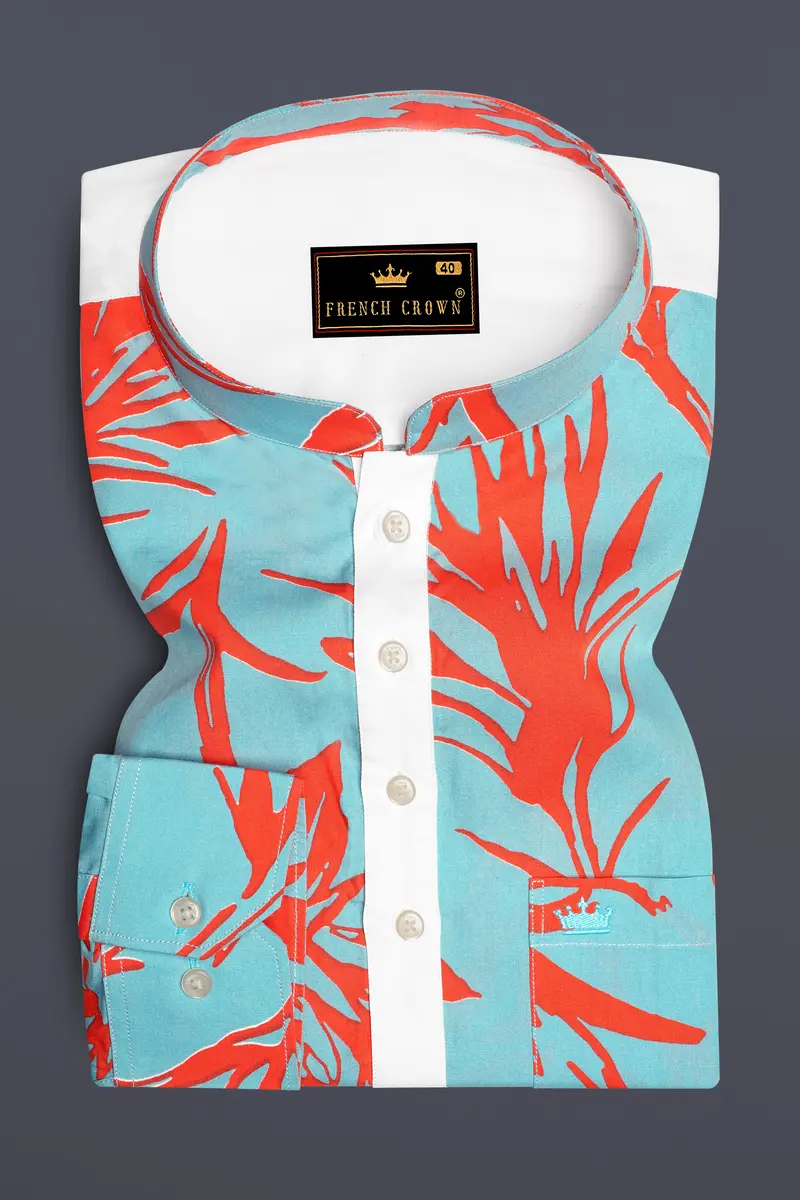 Tiffany Blue With Flamingo Red Printed Premium Cotton Mandarin Collar Designer Shirt 2