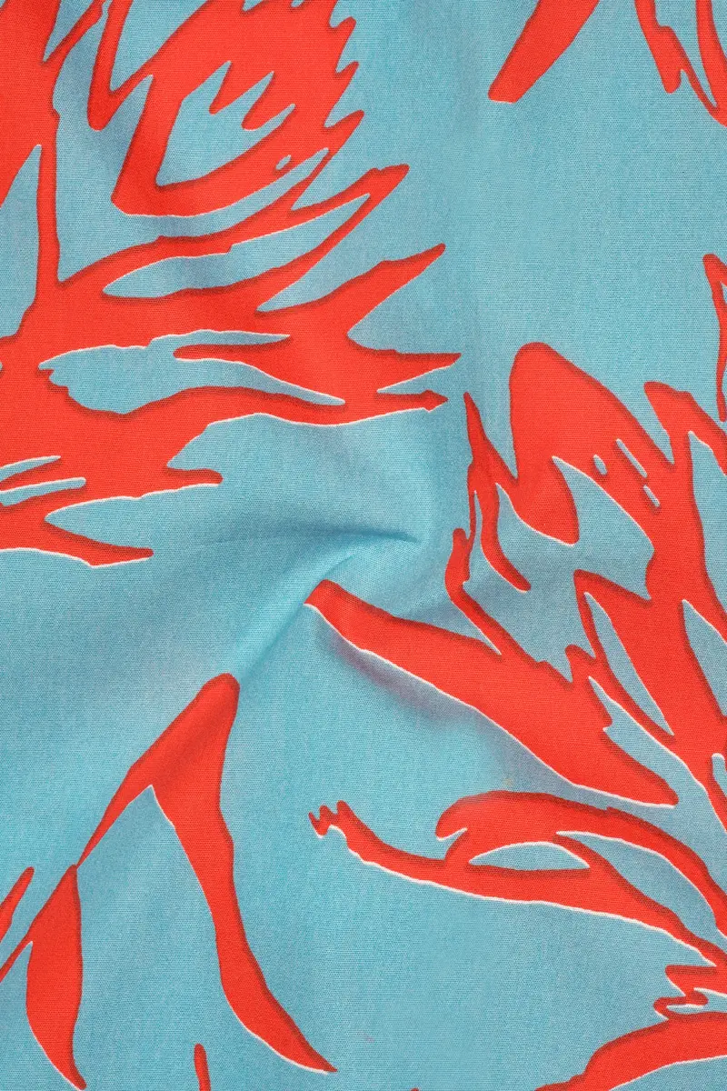 Tiffany Blue With Flamingo Red Printed Premium Cotton Mandarin Collar Designer Shirt 3