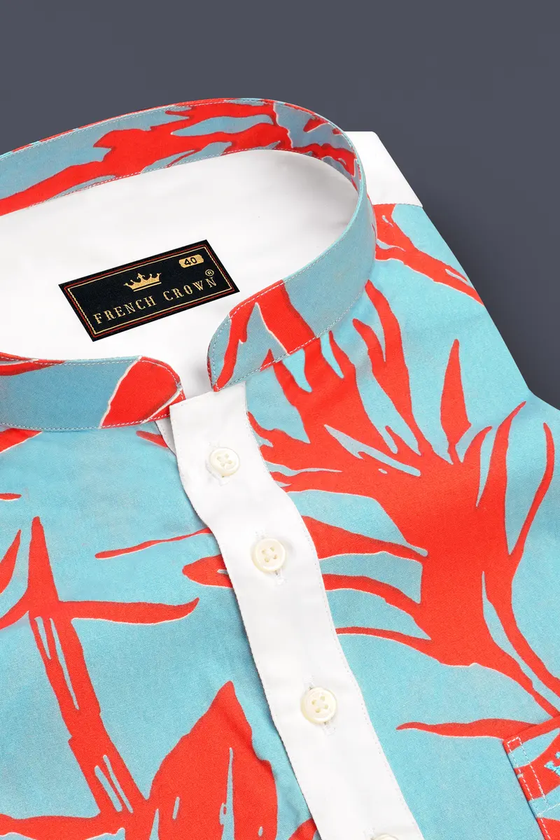 Tiffany Blue With Flamingo Red Printed Premium Cotton Mandarin Collar Designer Shirt 4