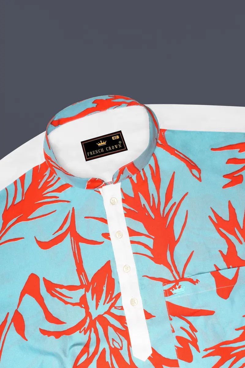 Tiffany Blue With Flamingo Red Printed Premium Cotton Mandarin Collar Designer Shirt 5