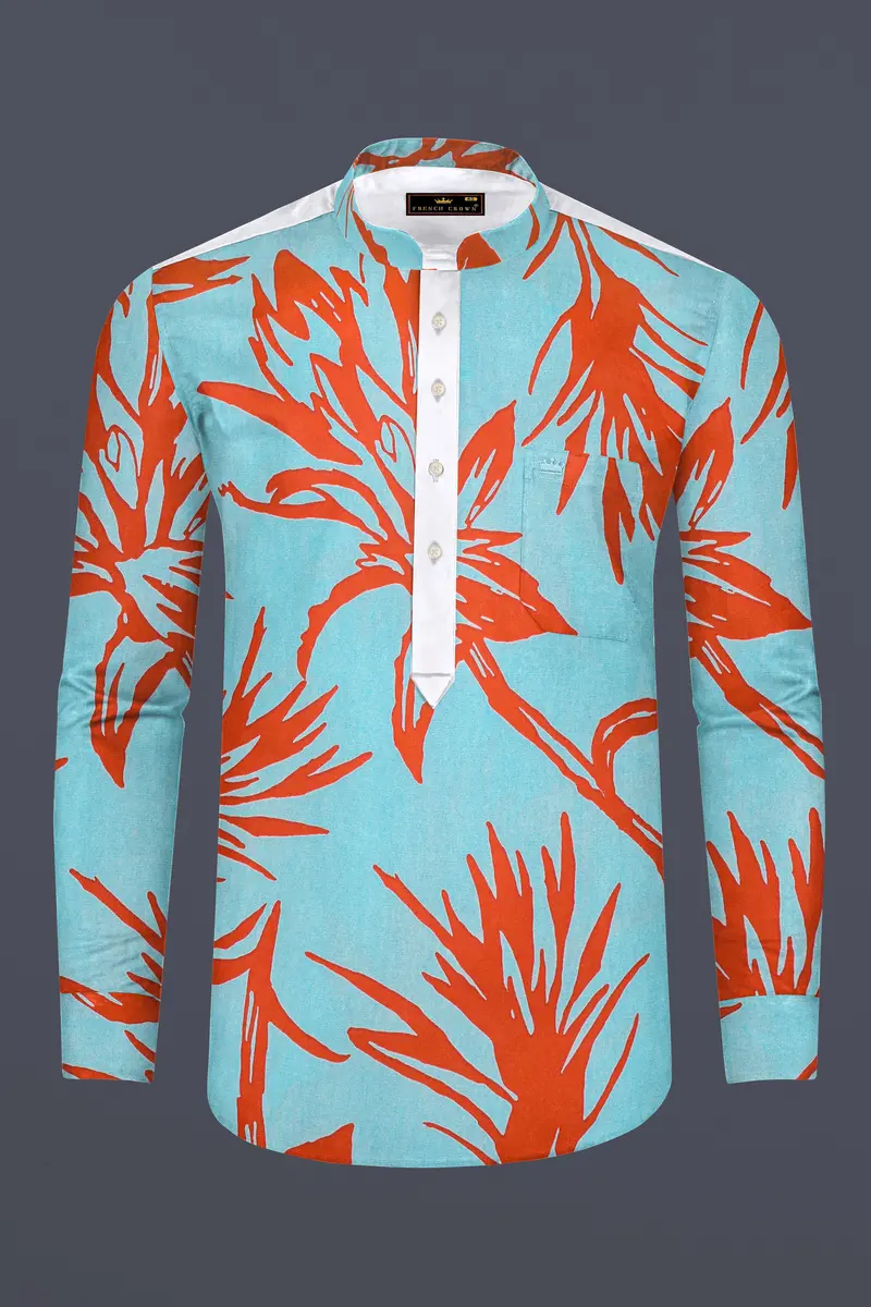 Tiffany Blue With Flamingo Red Printed Premium Cotton Mandarin Collar Designer Shirt 6