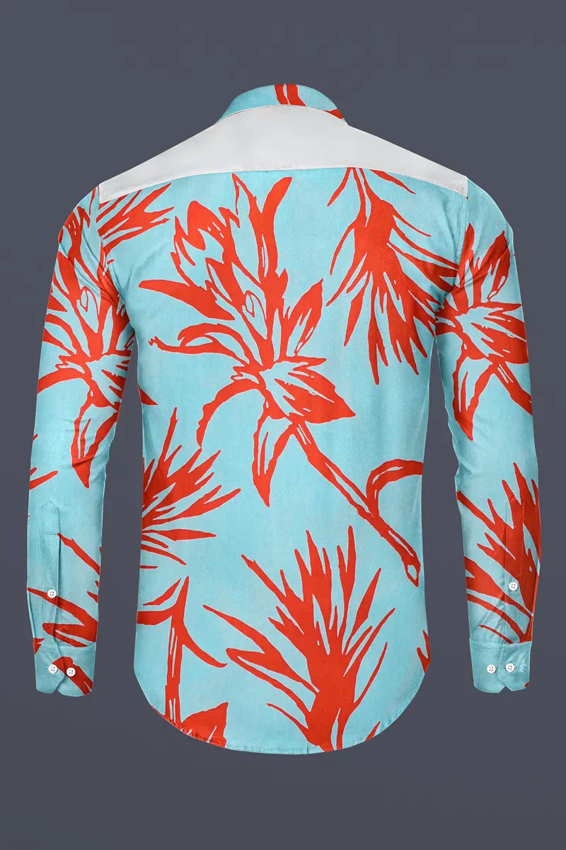 Tiffany Blue With Flamingo Red Printed Premium Cotton Mandarin Collar Designer Shirt 7