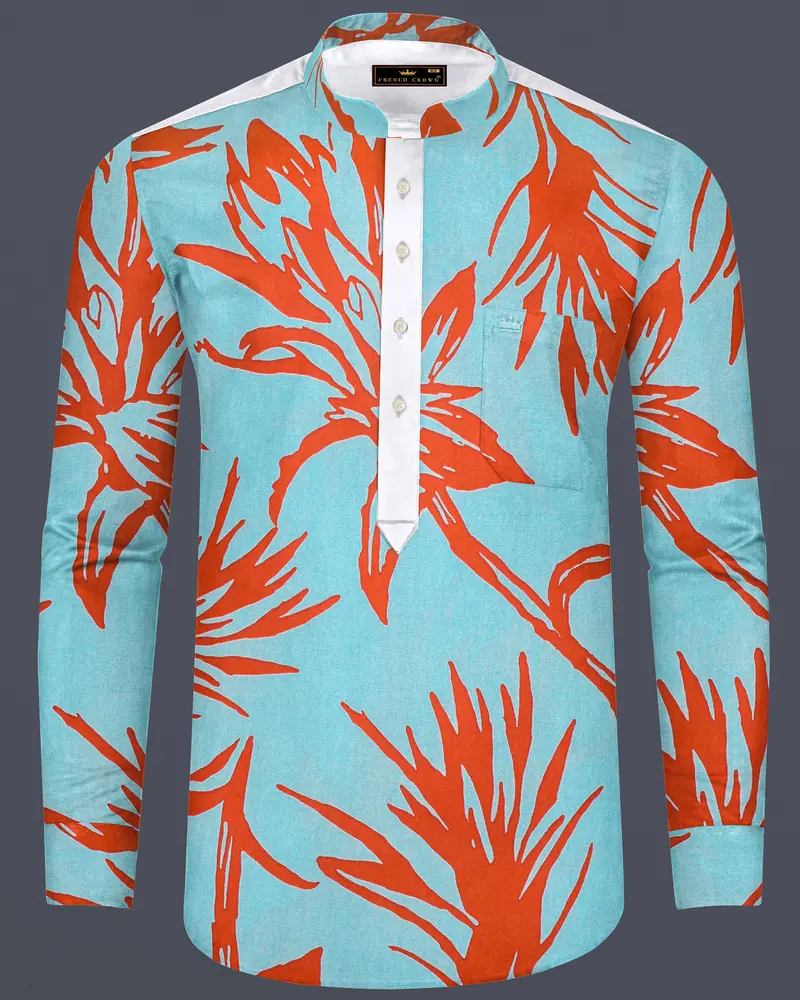 Tiffany Blue With Flamingo Red Printed Premium Cotton Mandarin Collar Designer Shirt 8