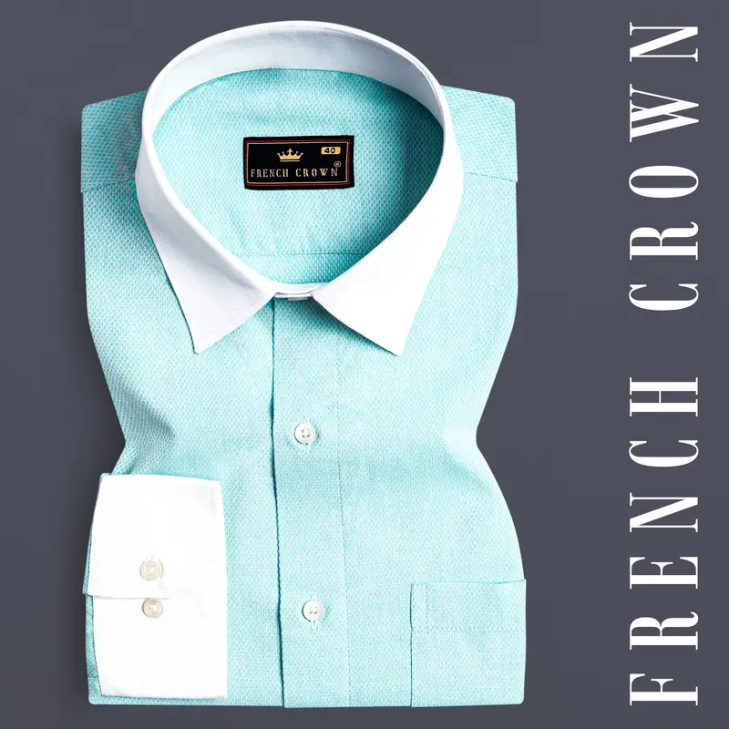 Tiffany Blue With White Cuffs And Collar Dobby Textured Premium Giza Cotton Shirt 1