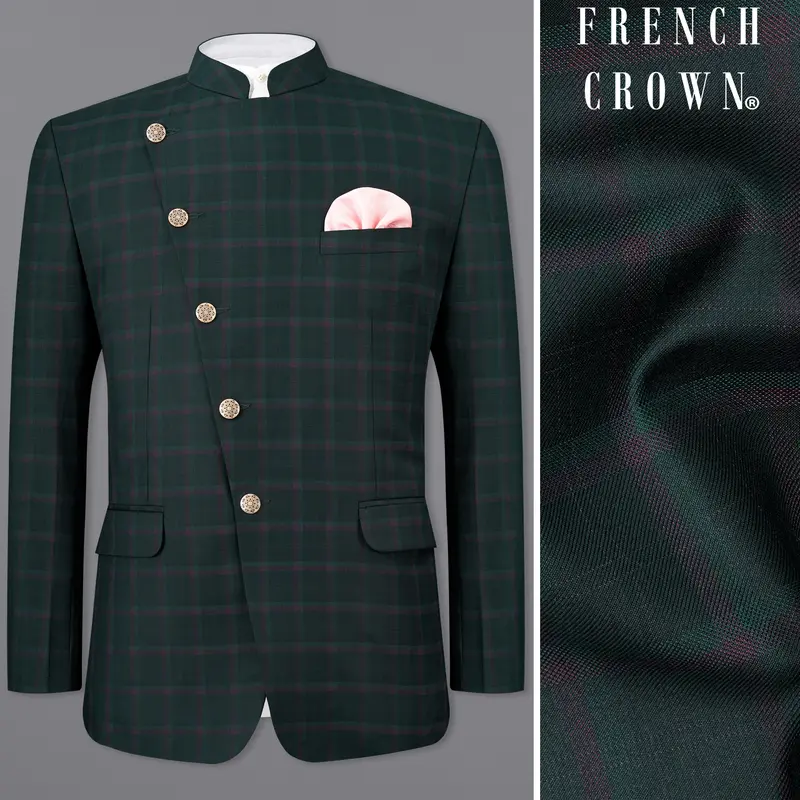 Timber Green Plaid Cross Placket Bandhgala Blazer 1