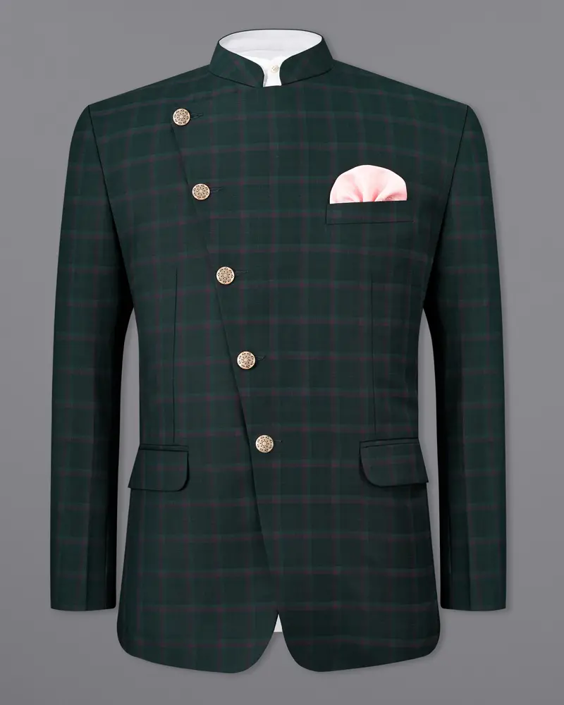 Timber Green Plaid Cross Placket Bandhgala Blazer 2