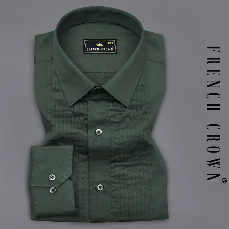 Timber Green Subtle Sheen Snake Pleated Super Soft Premium Cotton Tuxedo Shirt 1