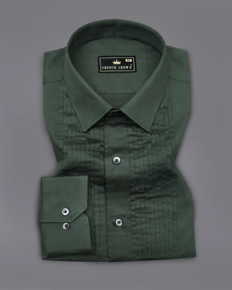 Timber Green Subtle Sheen Snake Pleated Super Soft Premium Cotton Tuxedo Shirt 2