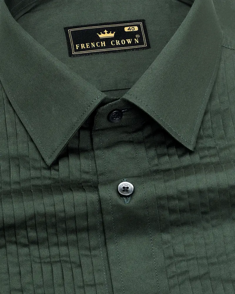 Timber Green Subtle Sheen Snake Pleated Super Soft Premium Cotton Tuxedo Shirt 4