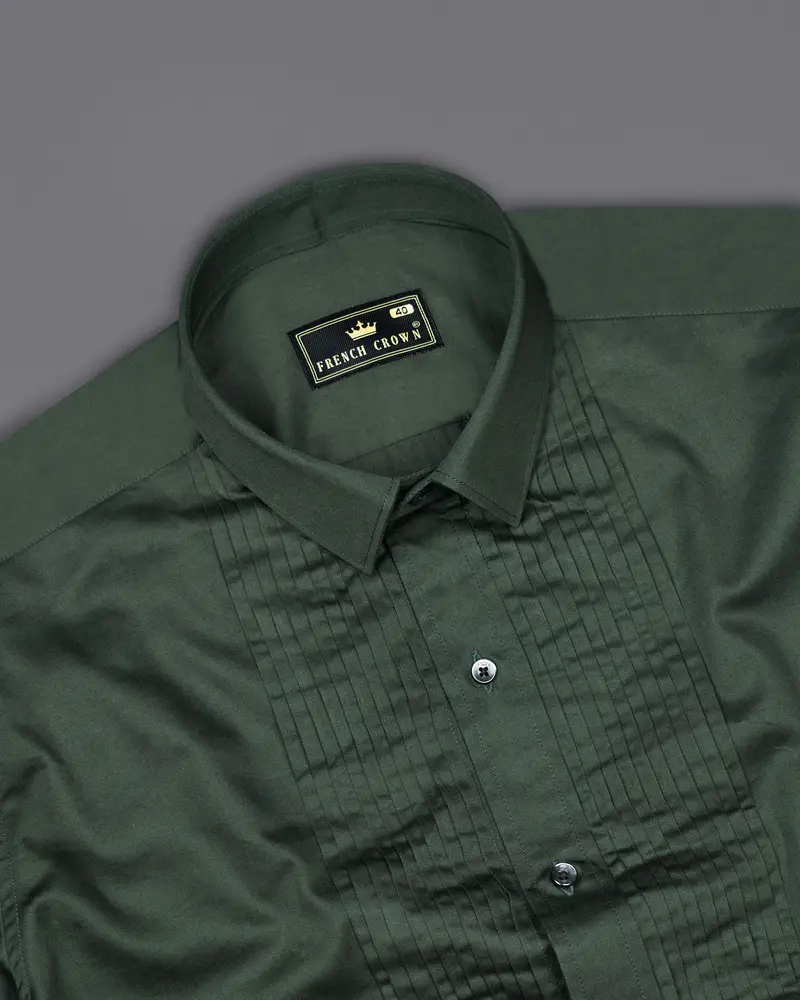 Timber Green Subtle Sheen Snake Pleated Super Soft Premium Cotton Tuxedo Shirt 5