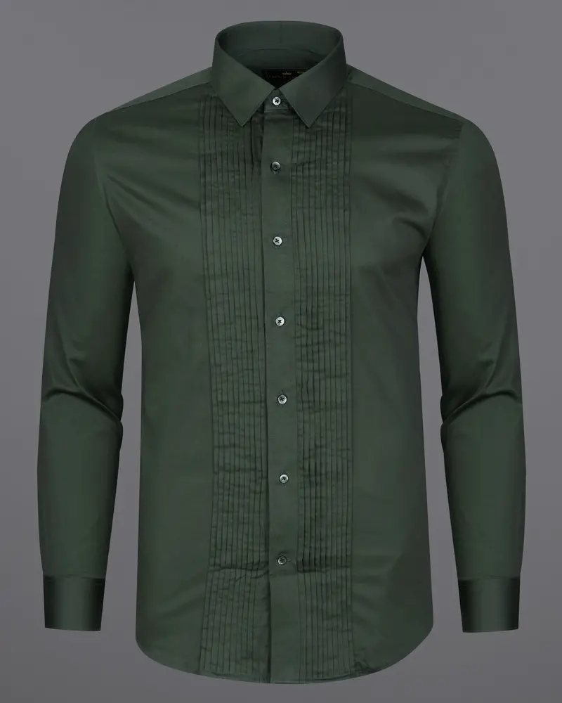 Timber Green Subtle Sheen Snake Pleated Super Soft Premium Cotton Tuxedo Shirt 6