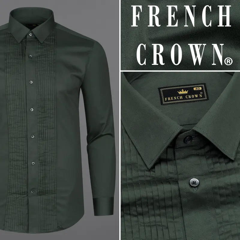 Timber Green Subtle Sheen Snake Pleated Super Soft Premium Cotton Tuxedo Shirt 9